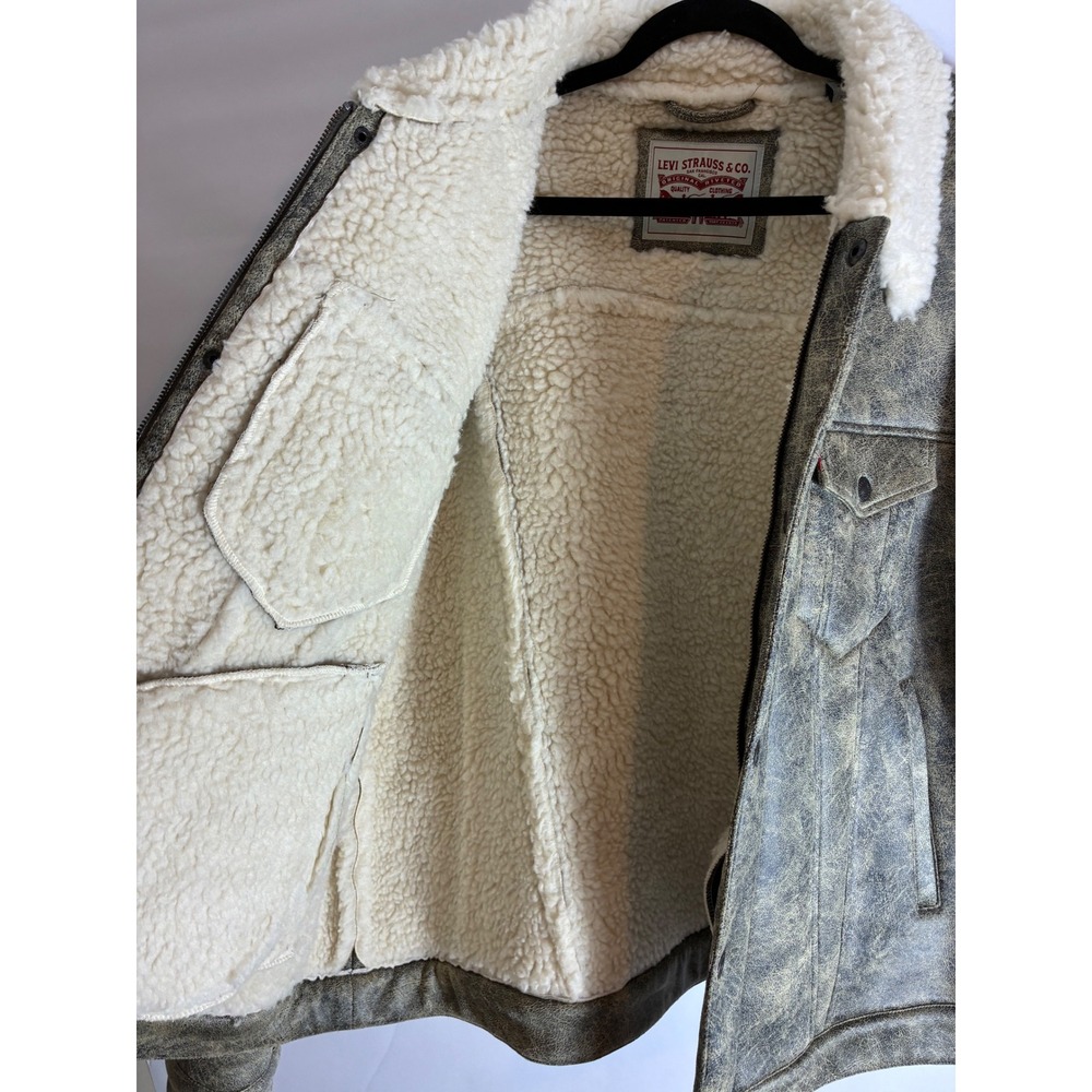 Levis Mens XXL Sherpa Lined Faux Leather Trucker Jacket Distressed Brown Tan - Picture 4 of 10